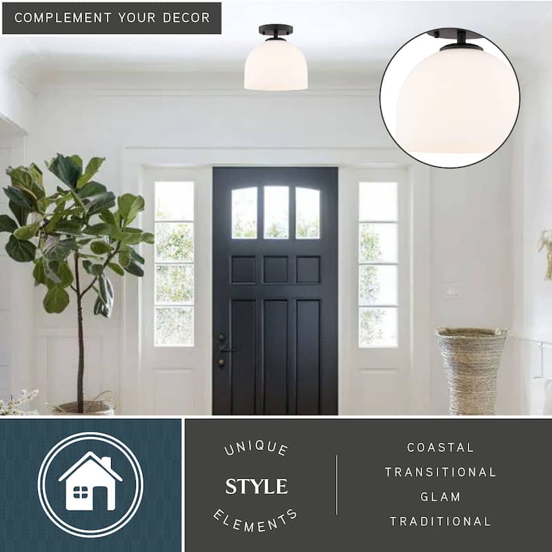 VAXCEL Shelby 1-Light 9.25 in. Wide Dome Semi Flush Mount Ceiling Lighting Fixture, Frosted White Opal Glass Shade