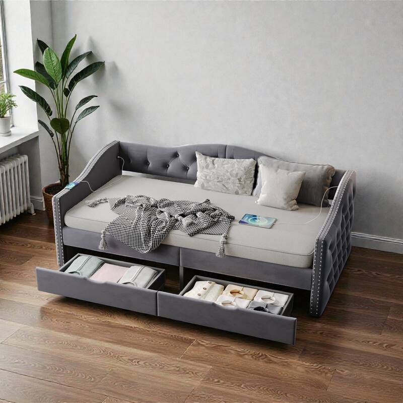 Twin Upholstered Daybed with Storage Drawers and USB Ports, Wood Daybed Frame, No Box Spring Needed
