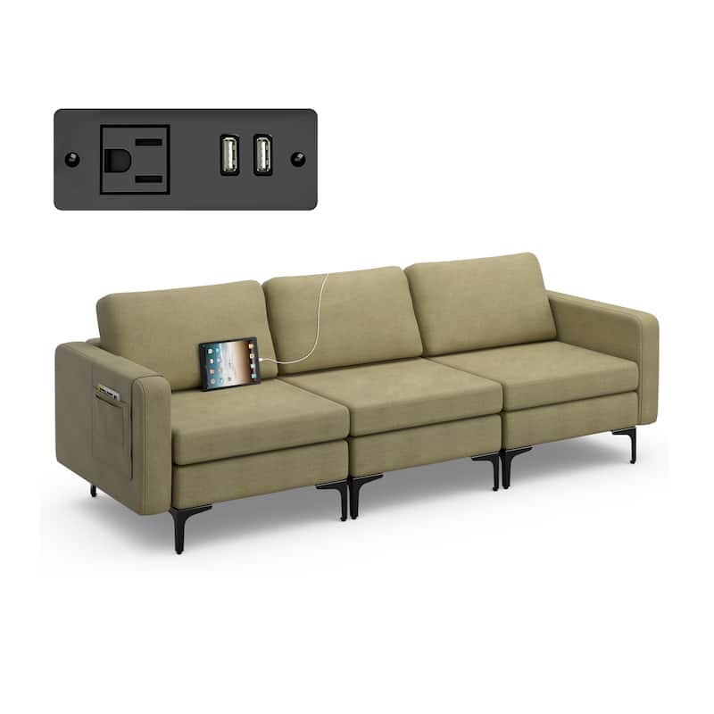 Modern 3-Seat Sofa with Linen Fabric Metal Frame and Detachable Caddy - 94.5" x 32.5" x 32.5"(L x W x H)
