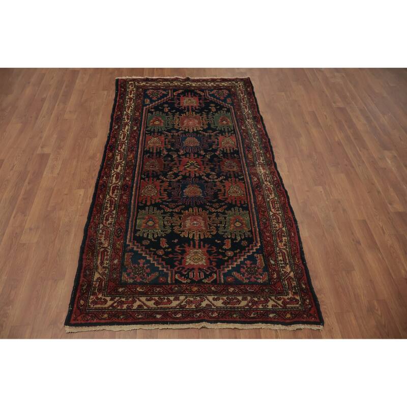 Hand Knotted Oriental 100% Wool Carpet Traditional Floral Navy Blue & Blues Malayer Runner Rug - 6' 6'' X 3' 5''