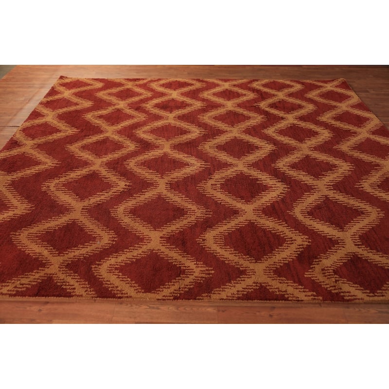 Hand Knotted Oriental 100% Wool Carpet Modern Geometric Red Moroccan Area Rug - 9' 7'' X 7' 11''