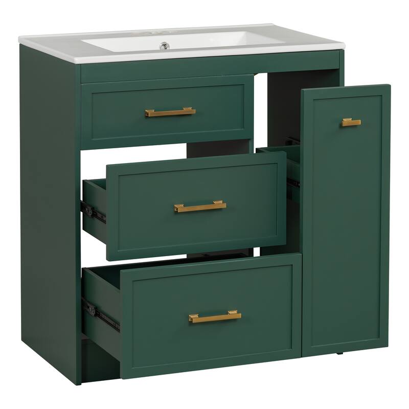30" Forest Green Bathroom Vanity Set,Floor Standing,With Three Drawers,With Long Gold Handles-Perfect For Small Bathrooms