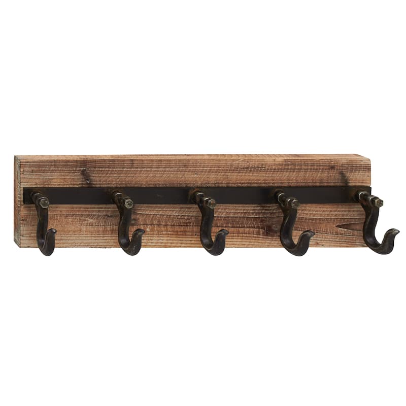 Wood 5 Hanger Wall Hook with Black Metal Hardware - Brown - Roche River Decor - 4"W x 24"L x 6"H