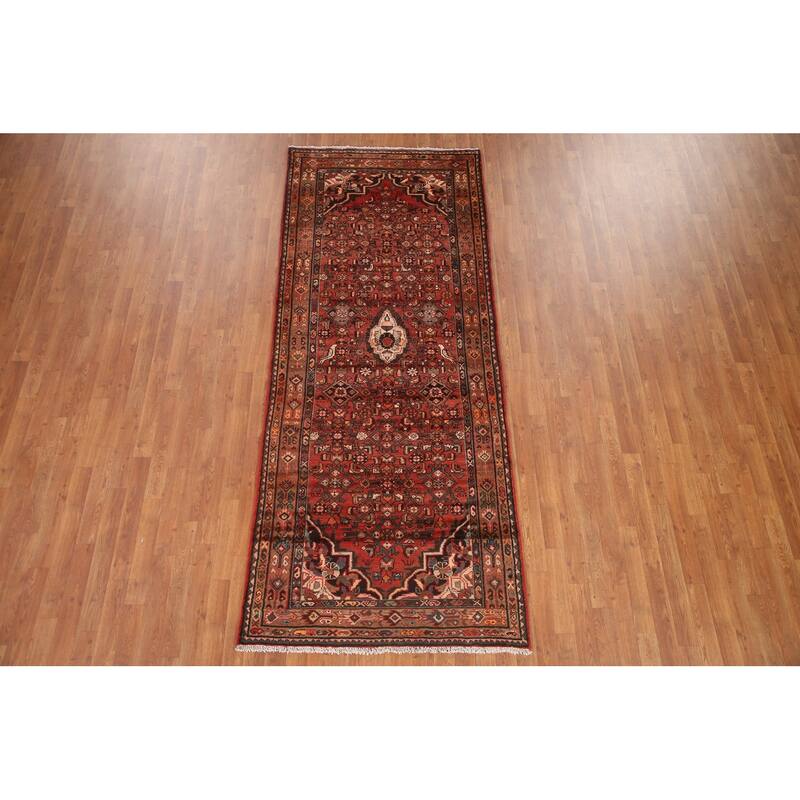 Hand Knotted Oriental 100% Wool Carpet Traditional Medallion Red Hamedan Runner Rug - 9' 3'' X 3' 10''