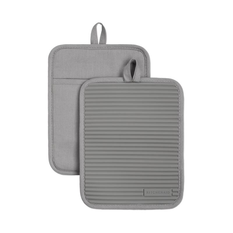 KitchenAid Ribbed Soft Silicone Pot Holder 2-Pack Set, 7"x9" - Grey