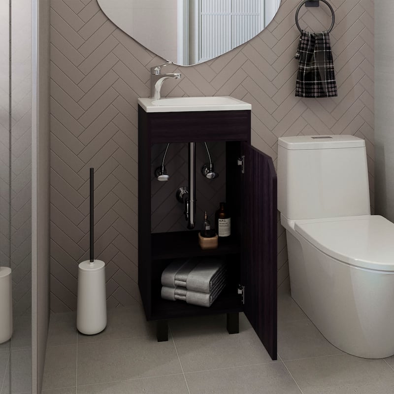 Bethel Wide One-Door Cabinet, Free Standing Vanity With Resin Sink And Two Shelves, Bathroom Storage, Black - Black