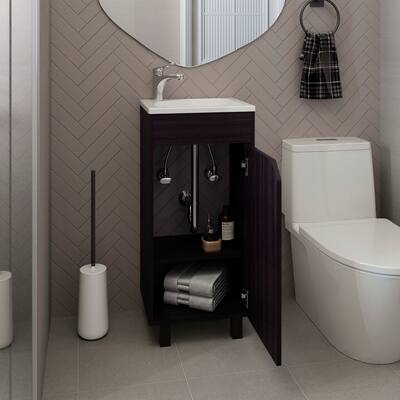 Bethel Wide One-Door Cabinet, Free Standing Vanity With Resin Sink And Two Shelves, Bathroom Storage, Black
