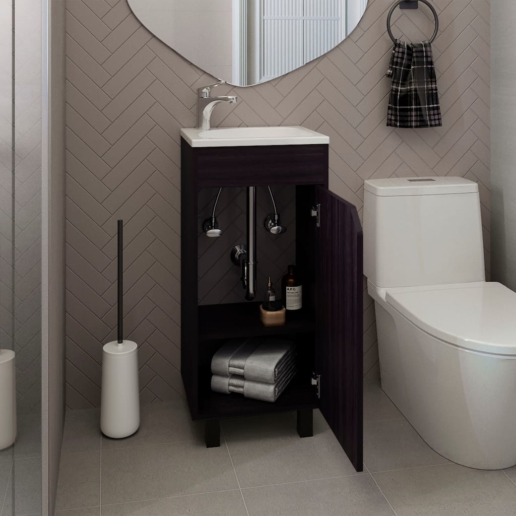 Bethel Wide One-Door Cabinet, Free Standing Vanity With Resin Sink And Two Shelves, Bathroom Storage, Black