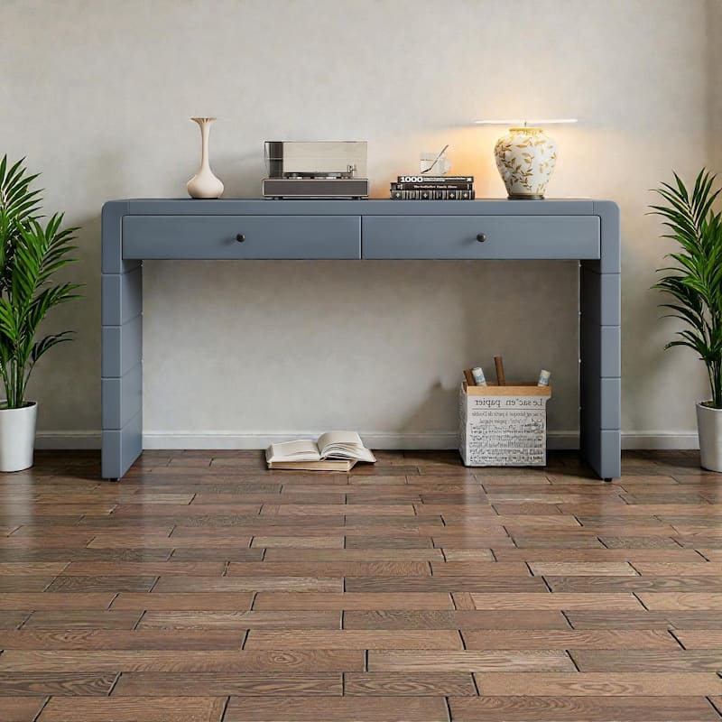 Curved Farmhouse Console Table with Storage, Wooden Entryway Table with 2 Drawers for Hallway