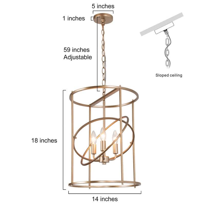 Mid-Century Modern Gold 3-Light Chandelier Island Pendant for Kitchen Island - D14"x H19.5"