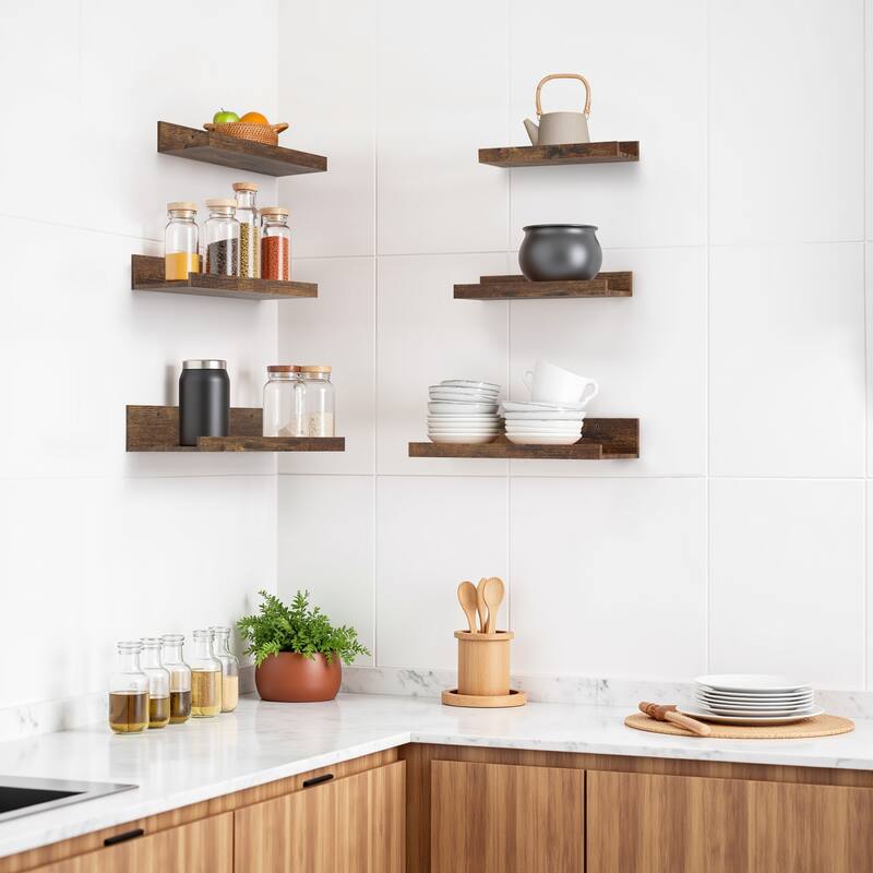 Homy Casa U-Shaped Wall-Mounted Floating Shelf Set of 6, Black Brown