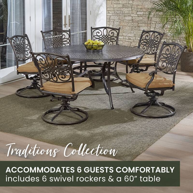 Hanover Traditions 7-Piece Dining Set in Tan with a 60 In. Round Cast-top Table and Six Swivel Rockers