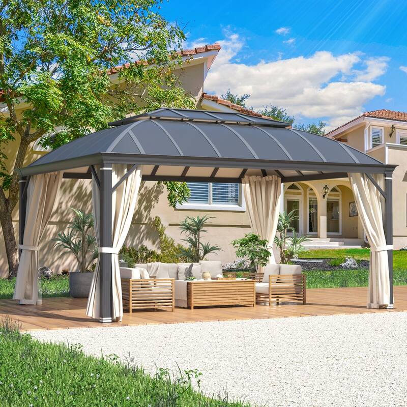 Waterproof Aluminum Gazebo w/ Double Roof & Netting - Patio, Garden Pergola - 12' x 16' - Curved