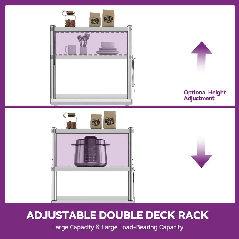 Stainless Steel Overshelf, 2 Tier Overshelf with Hook, Adjustable Double Overshelf for Kitchen Prep Table