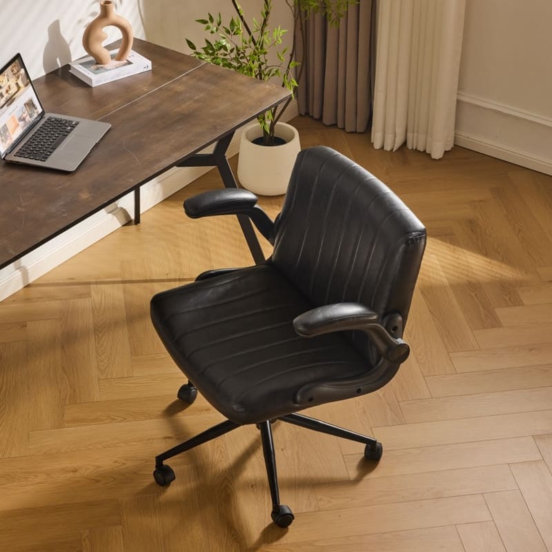 Oil-Waxed Leather Swivel Chair With Flip-Up Armrests