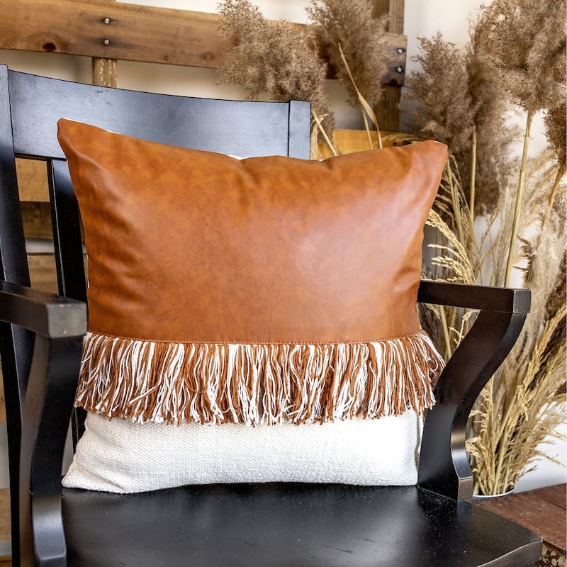 Foreside Home & Garden Brown Cotton& Faux Leather Filled Pillow