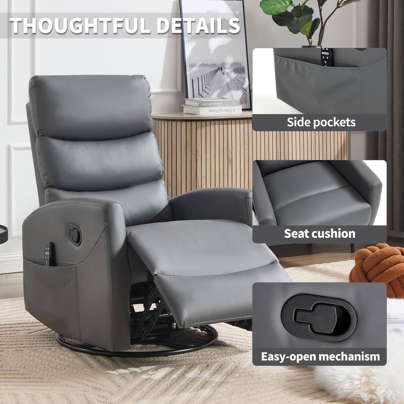 Roomfitters Manual Swivel Rocker Recliner Chair with Heat and Massage Fabric Glider Lounge Sofa for Living Room