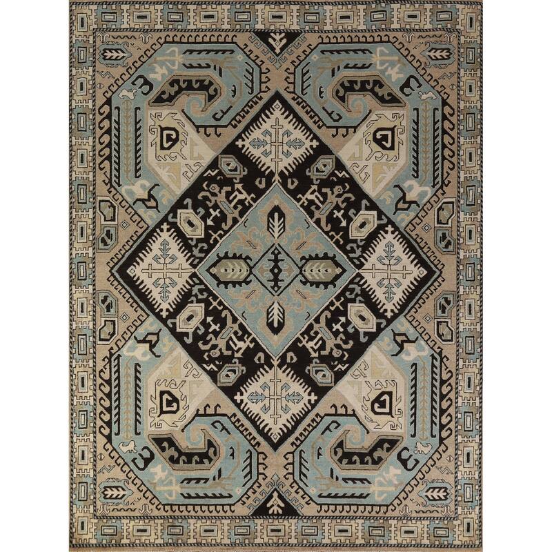 Hand Knotted Oriental 100% Wool Carpet Traditional Medallion Black Kazak Area Rug - 9' 7'' X 8' 2''