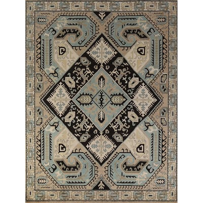 Hand Knotted Oriental 100% Wool Carpet Traditional Medallion Black Kazak Area Rug - 9' 7'' X 8' 2''