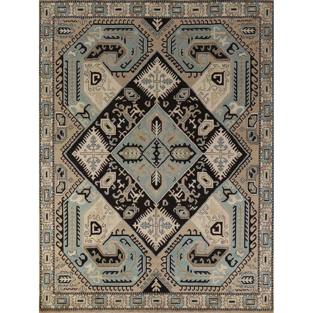 Hand Knotted Oriental 100% Wool Carpet Traditional Medallion Black Kazak Area Rug - 9' 7'' X 8' 2''
