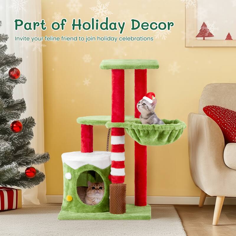 Cat Scratching Posts Tower With Cat Condo And Hammock, Christmas Themed Plush Cat Tree With Cat Massage Brush