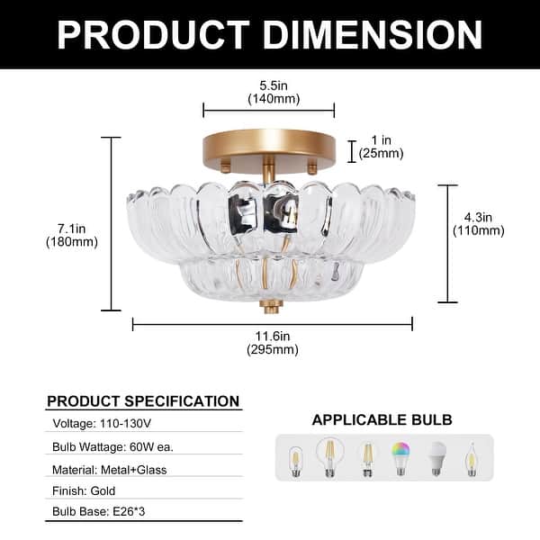 YANSUN Gold Ceiling Light Flush Mount Light with Fan Shape Glass Shade ...