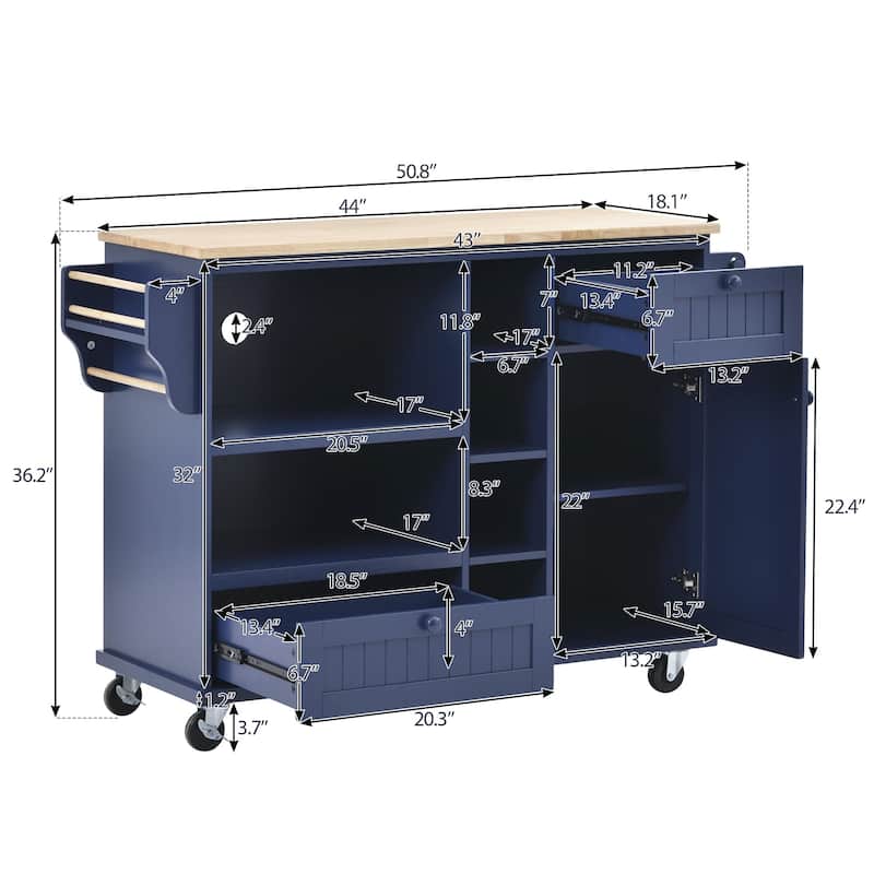 Rubberwood Kitchen Cart with Drop Leaf, Microwave storage rack, Exterior Shelves, and 2 drawers