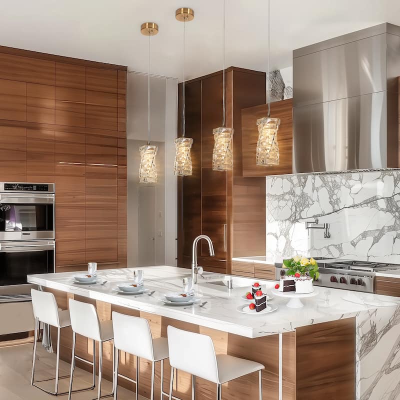 Modern Glam 1-Light Gold LED Crystal Pendant Lights Irregular Cylinder Kitchen Island Lights for Dining Room