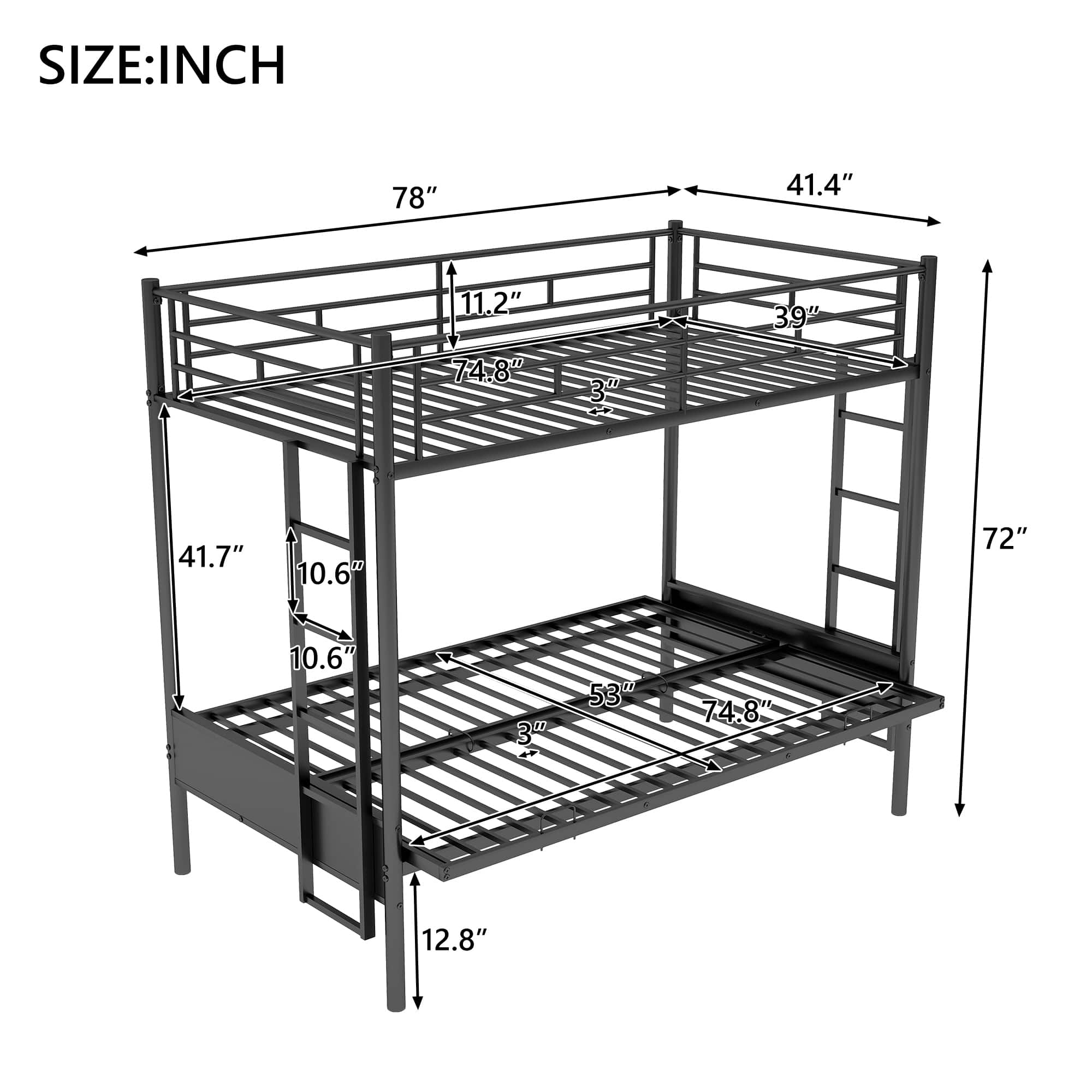 Black Metal Twin over Full Bunk Bed with Futon Conversion, Integrated ...