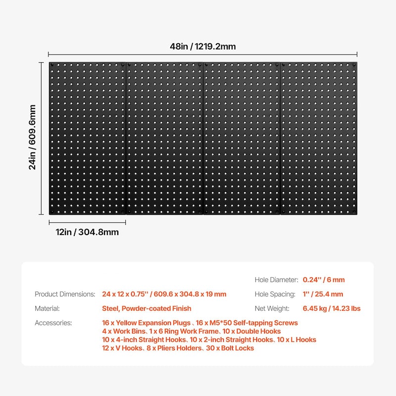 Black Steel Pegboard Panel, Wall Mount for Garage Tool Storage