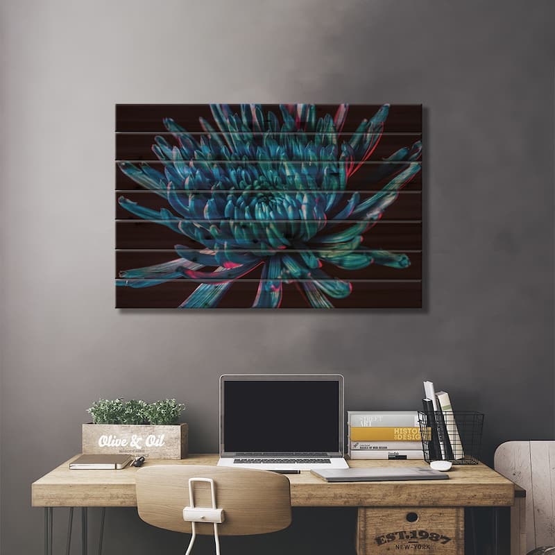 Blue Spider Mum Print On Wood by Elena Kulikova - Multi-Color