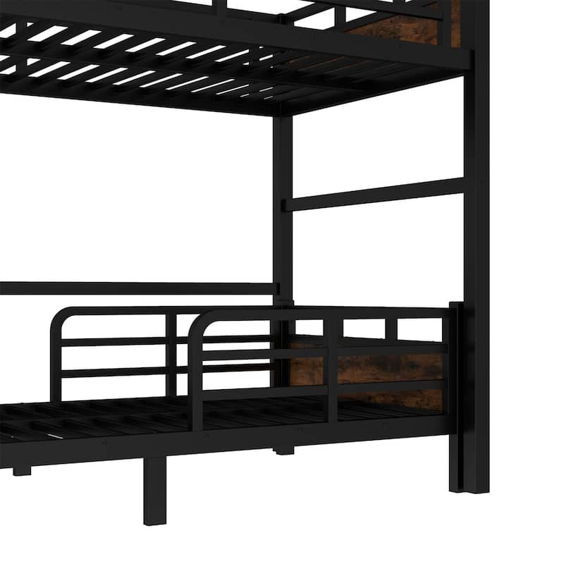 Split Design Metal Loft Bed & Platform Bed Set, Metal Bunk Bed with Raised Security Fence and Vintage Wood Accents