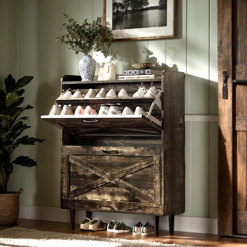 2 Flip 1 Barrier Barn Door Shoe Cabinet Melamine Embossed 31.6in