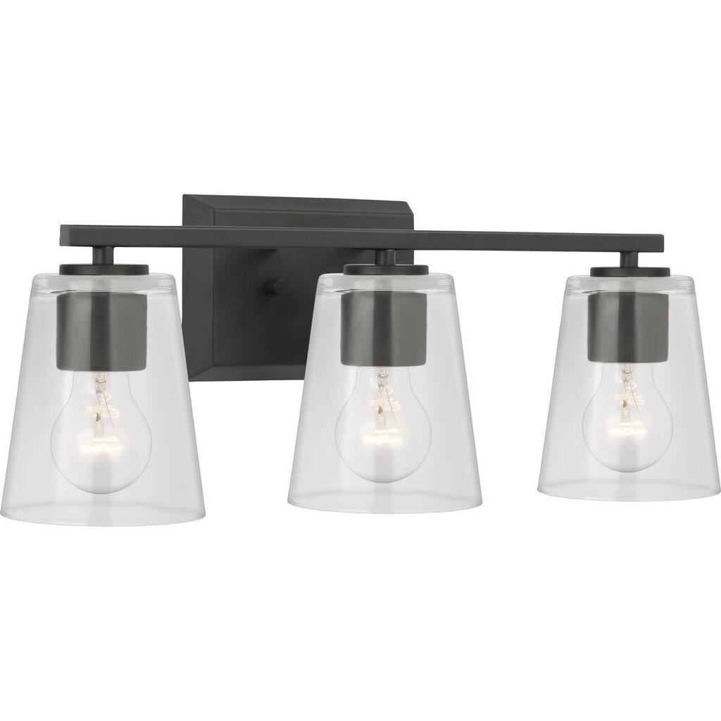 Vertex Collection Three-Light Matte Black Clear Glass Contemporary Bath Light - 20.87 in x 6.25 in x 7.5 in