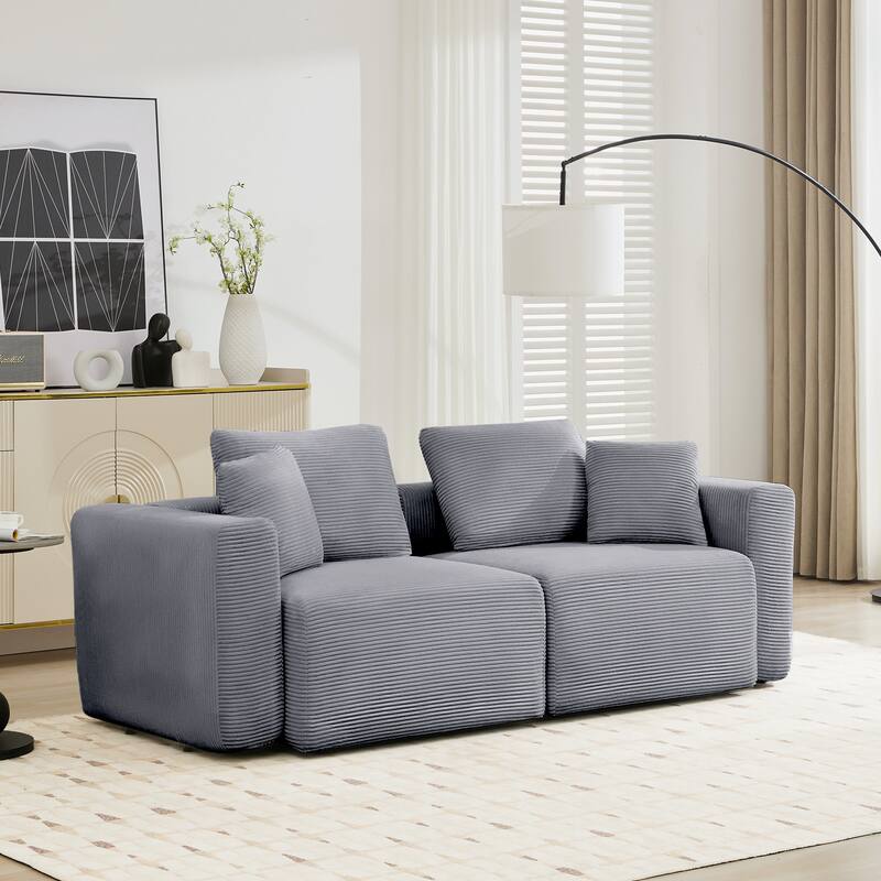 Corduroy Sectional Modular Sofa with Square Arms & Ottoman Extension for Flexible Arrangements