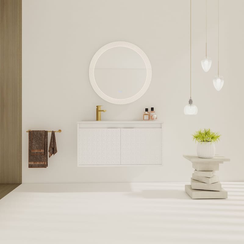 30/ 36 inch Wall Mounted Bathroom Vanity Set in White with Integrated Resin Sink