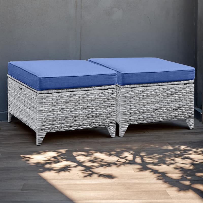 Pocassy Outdoor cushioned Wicker Footstool Ottomans - Light Grey/Blue