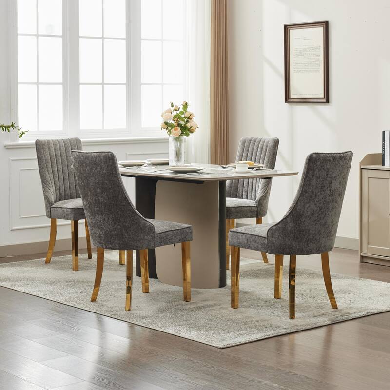 GDF Studio- Rayon Chenille Upholstered Dining Chair with Tufted Back & Golden Metal Base, Set of 2