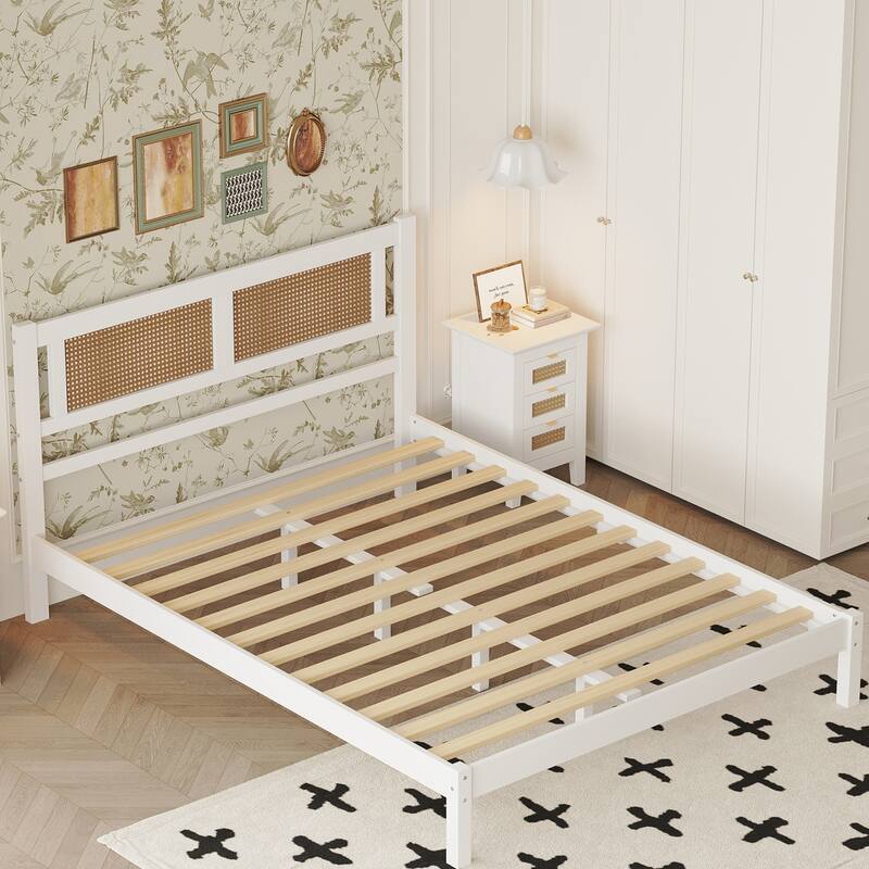 Queen Size Wooden Platform Bed with Natural Rattan Headboard, Exquisite Elegance with Minimalist Charm for Bedroom, Black