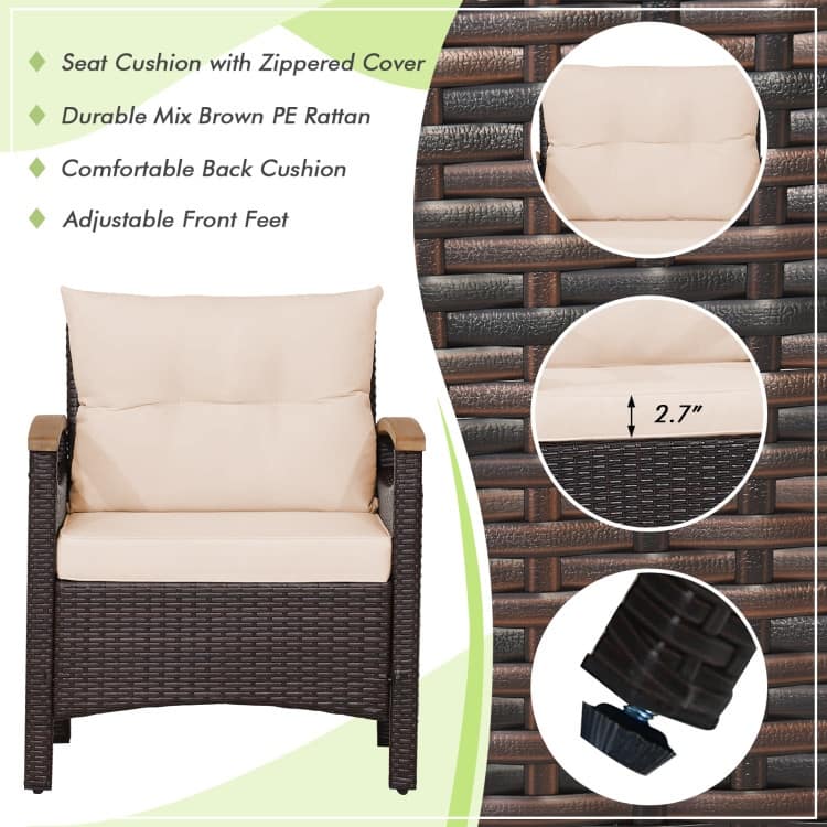 Patio Rattan Furniture Set with Removable Cushion - 3 Pieces - Single Sofa: 25" x 24" x 29"