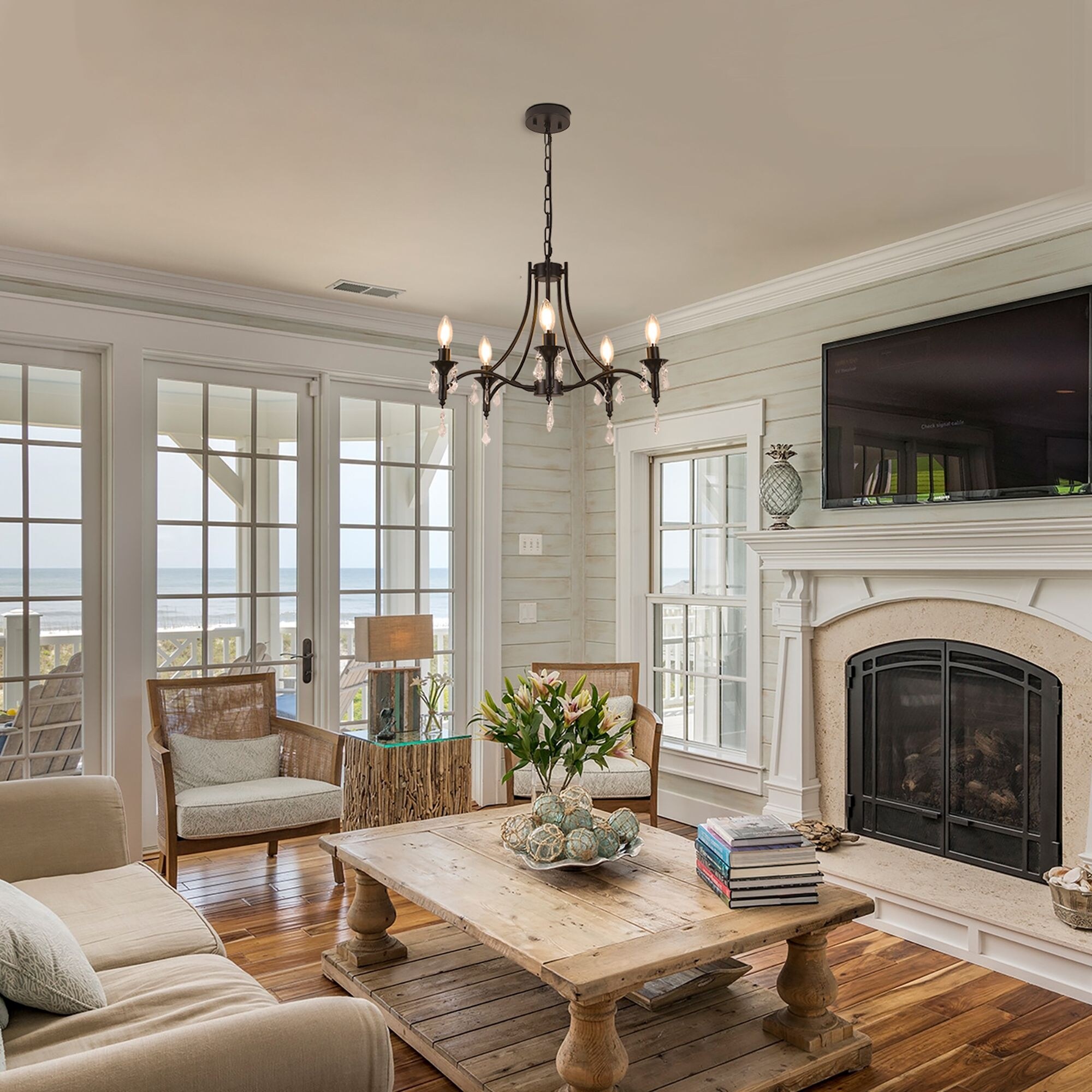 5 - Light Dimmable Classic / Traditional Chandelier - Matte Black