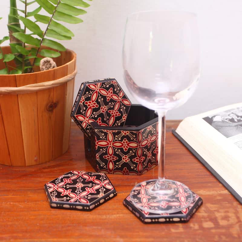 Novica Handmade Hexagon Batik Batik Wood Coasters (Set Of 6)