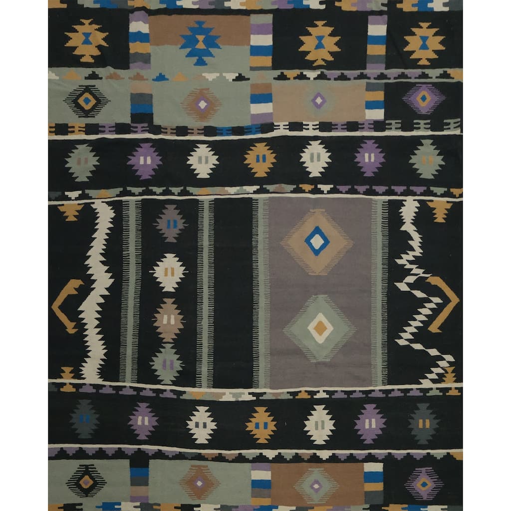 Hand Woven Oriental 100% Wool Carpet Southwestern Tribal Black Kilim Area Rug - 10' 2'' X 9' 10''