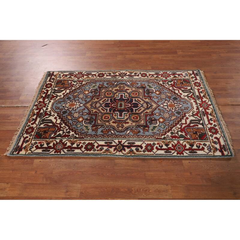 Geometric Blue Heriz Serapi Oriental Accent Rug Handmade Wool Carpet - 3'2" X 5'0"