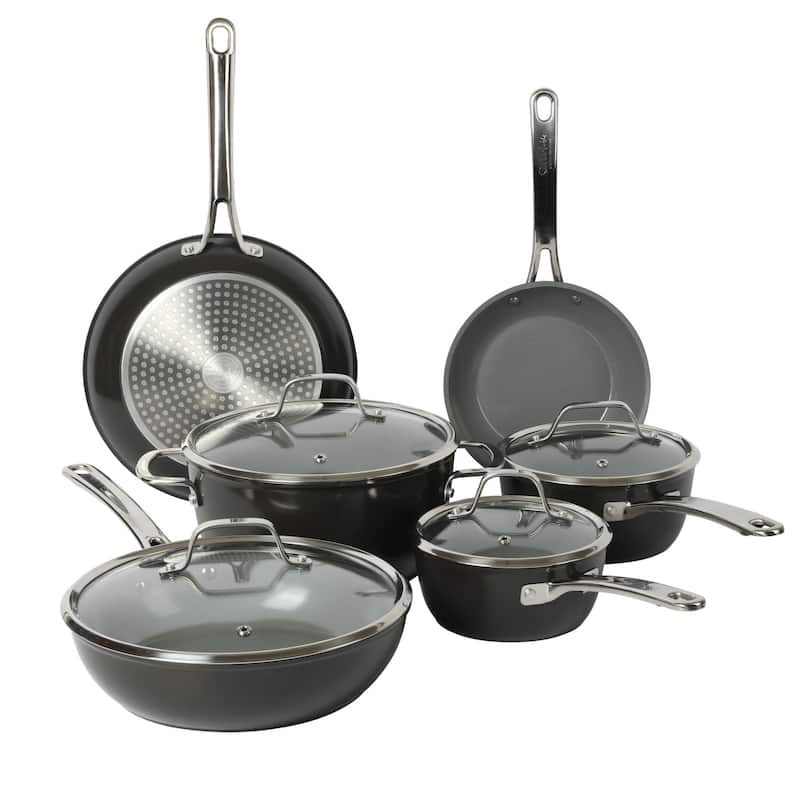 Sur La Table Kitchen Essentials 10 Piece PFA Free Titanium Ceramic Nonstick Interior Forged Aluminum Cookware Pots and Pans Set - Black