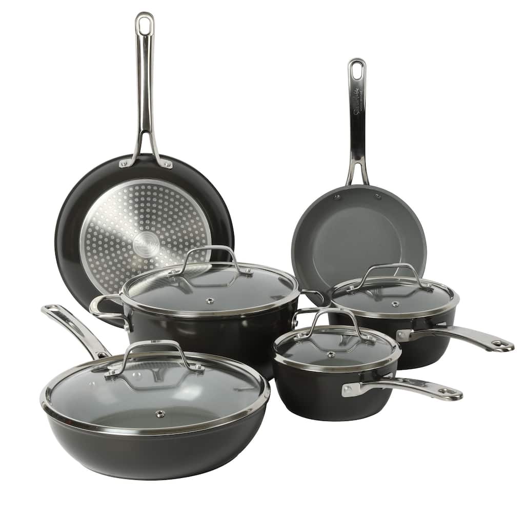 Sur La Table Kitchen Essentials 10 Piece PFA Free Titanium Ceramic Nonstick Interior Forged Aluminum Cookware Pots and Pans Set