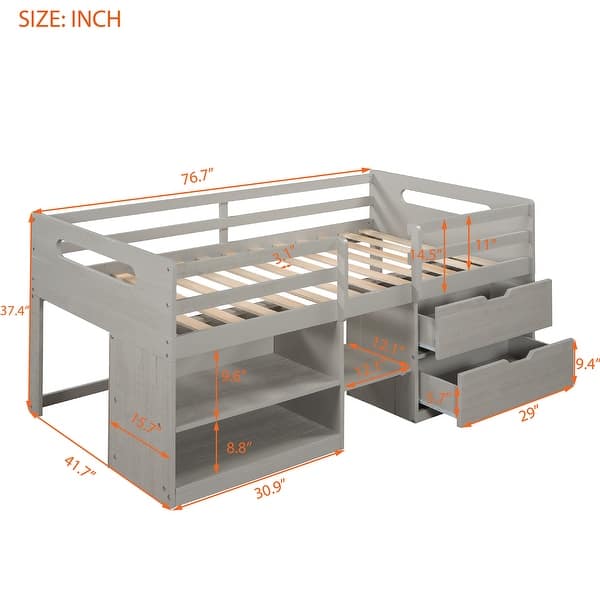 Multifunctional Design Loft Bed with Two Shelves and Two Drawers, Maximized Storage Space, Twin Size, Grey