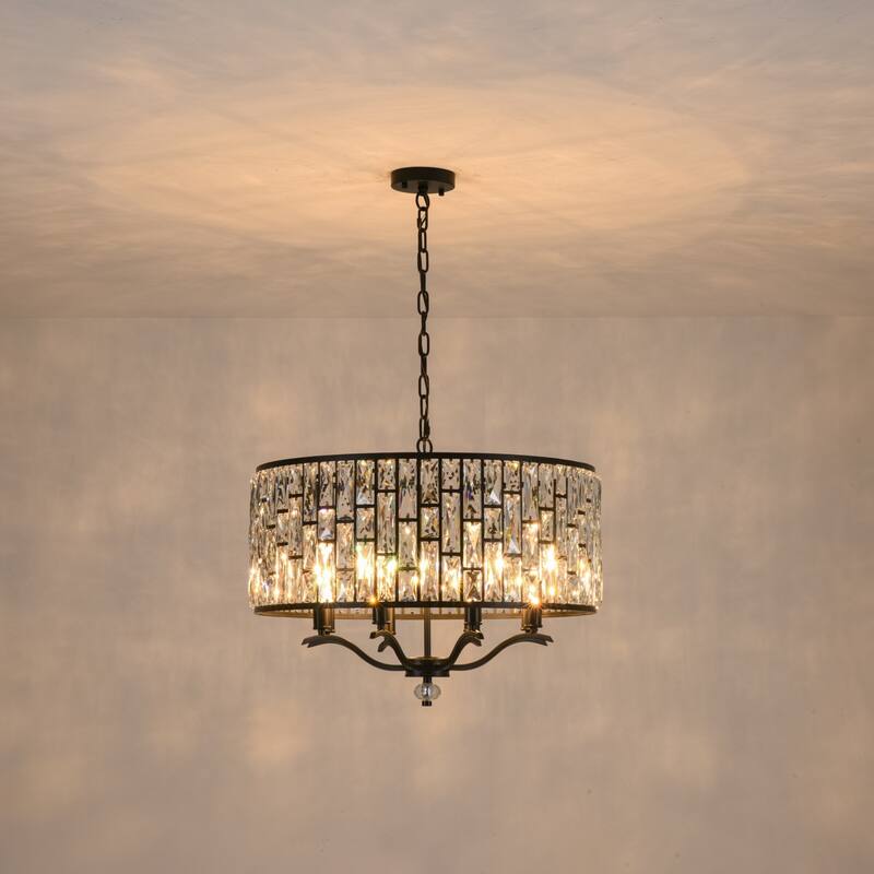 8-Light Modern Glam Black Faceted Crystal Chandelier with Cylinder Drum Shade for Dining Room, Living Room
