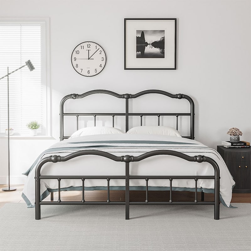 Heavy Duty Anti-Sway 18 Inch High Steel Tube Iron Bed, Double Wave Headboard And Footboard - Full