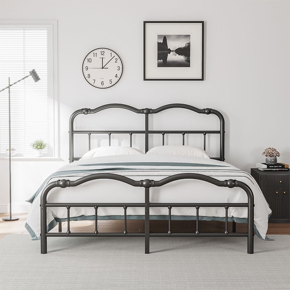Heavy Duty Anti-Sway 18 Inch High Steel Tube Iron Bed, Double Wave Headboard And Footboard